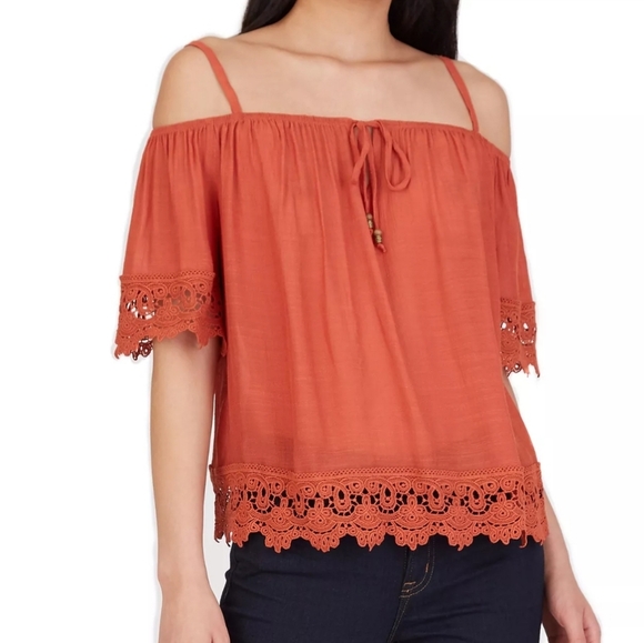 BCX Crochet Lace Trim Cold Shoulder Flowy Boho Top Blouse Rustic Orange Small - Picture 1 of 14